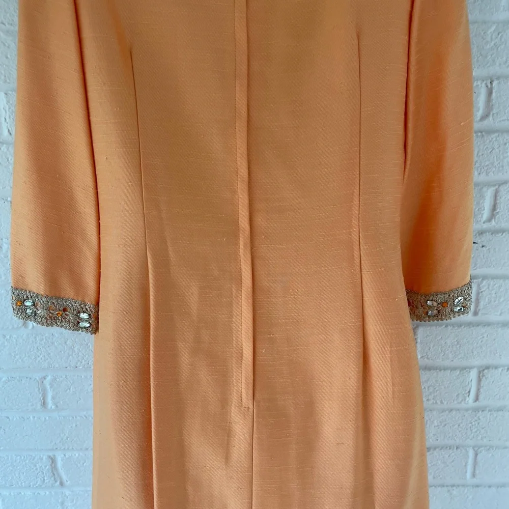 Bespoke Vintage Orange Shantung Silk Dress with Embellished Neckline - Picture 7 of 10